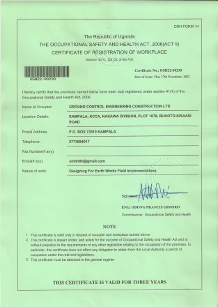 Uganda certificate of workplace registration OSH22-00230